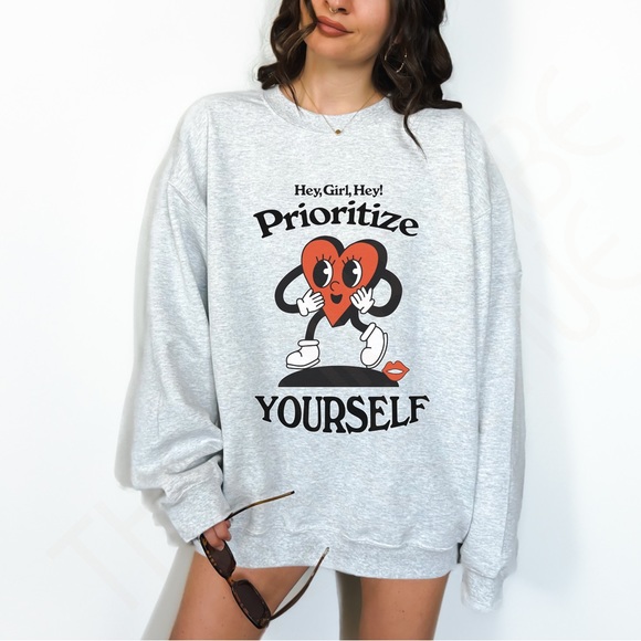 🚨 SALE 🚨 Prioritize Yourself Mental Health Graphic Crewneck Sweatshirt - Picture 1 of 10